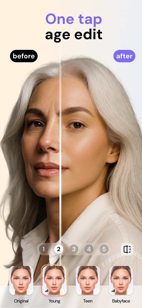 FaceAI・Face & Makeup AI Editor - Split screen showing a face before and after using the young age filter