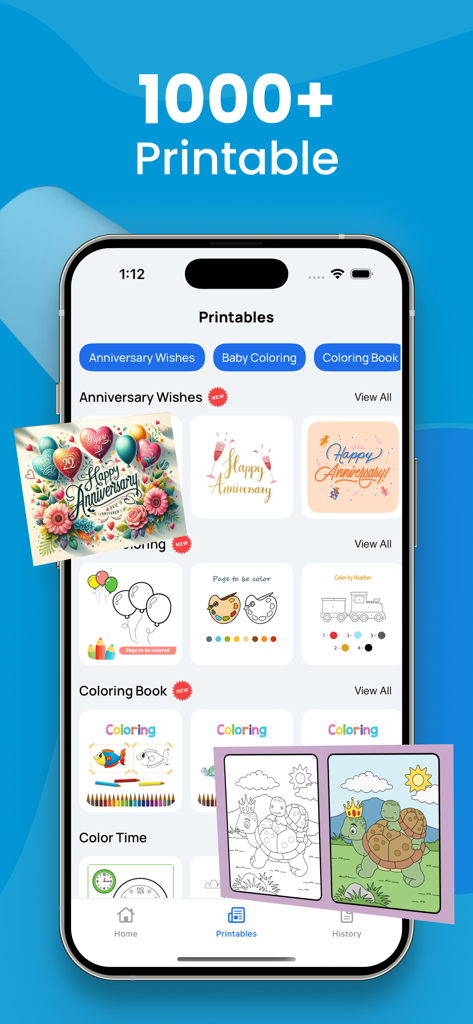 Interfaz de la aplicación Smart printer que muestra más de 1000 plantillas imprimibles, como tarjetas de aniversario y libros para colorear.