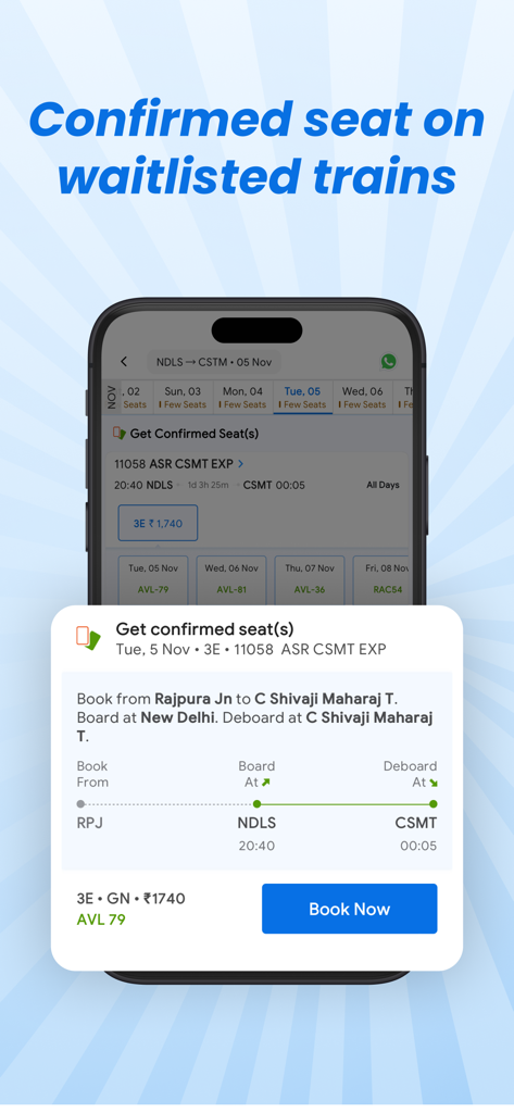 ixigo Trains: Ticket Booking - Ixigo Trains app showing confirmed seat options for waitlisted Indian Railways tickets.