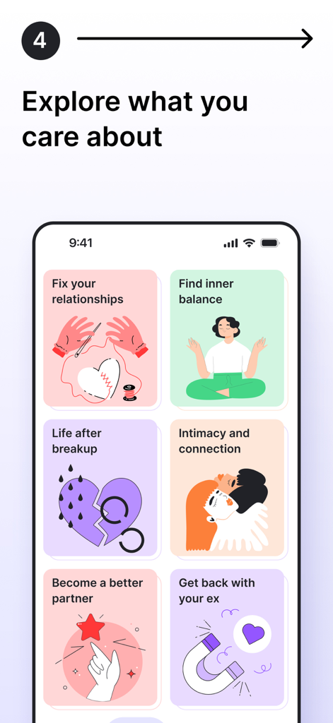AddMileアプリの画面。人間関係の修復、失恋からの回復、内面のバランスを含む様々なパーソナルコーチングトピックを示す