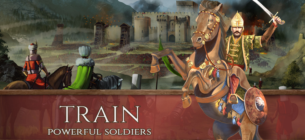 An Ottoman commander on a rearing horse leading troops during a castle siege in Ottoman Wars