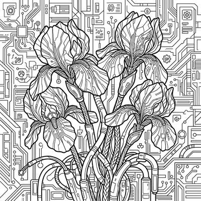 Experience the future of floral art with this unique coloring page featuring purple irises reimagined in a striking cyberpunk style. Intricate circuit board details and robotic elements transform these classic flowers into a high-tech botanical marvel.