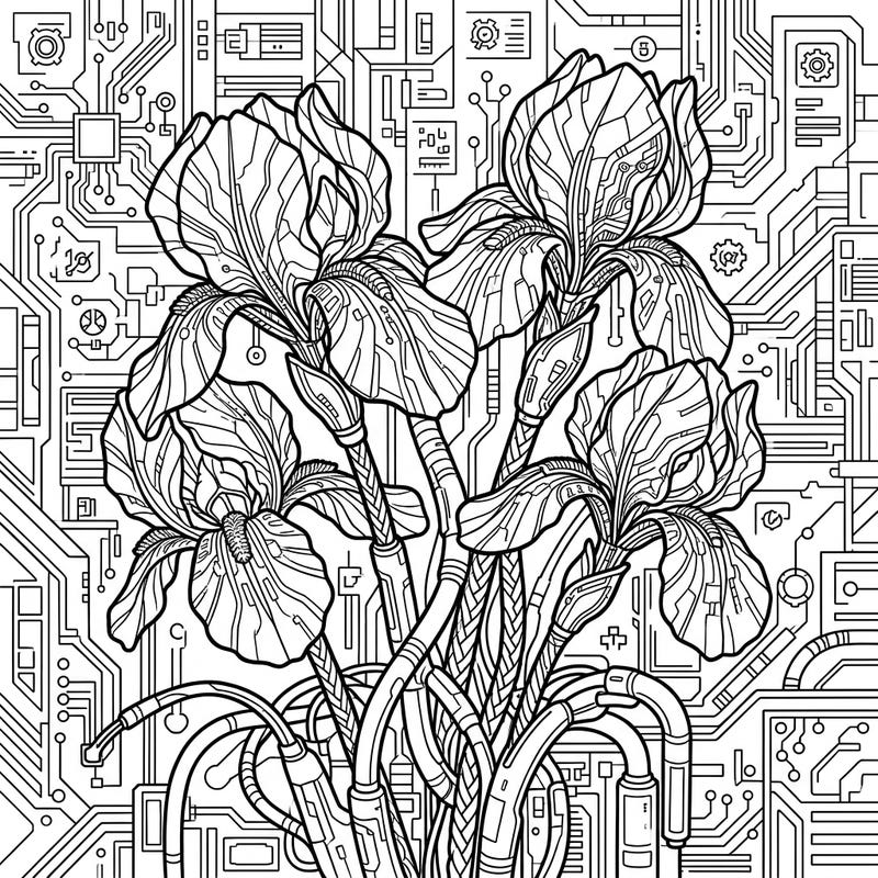 Experience the future of floral art with this unique coloring page featuring purple irises reimagined in a striking cyberpunk style. Intricate circuit board details and robotic elements transform these classic flowers into a high-tech botanical marvel.