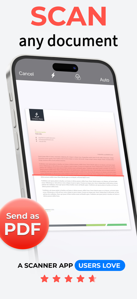 DocScan – PDF Document Scanner - iPhone screen displaying the DocScan app scanning a paper document to save as a PDF