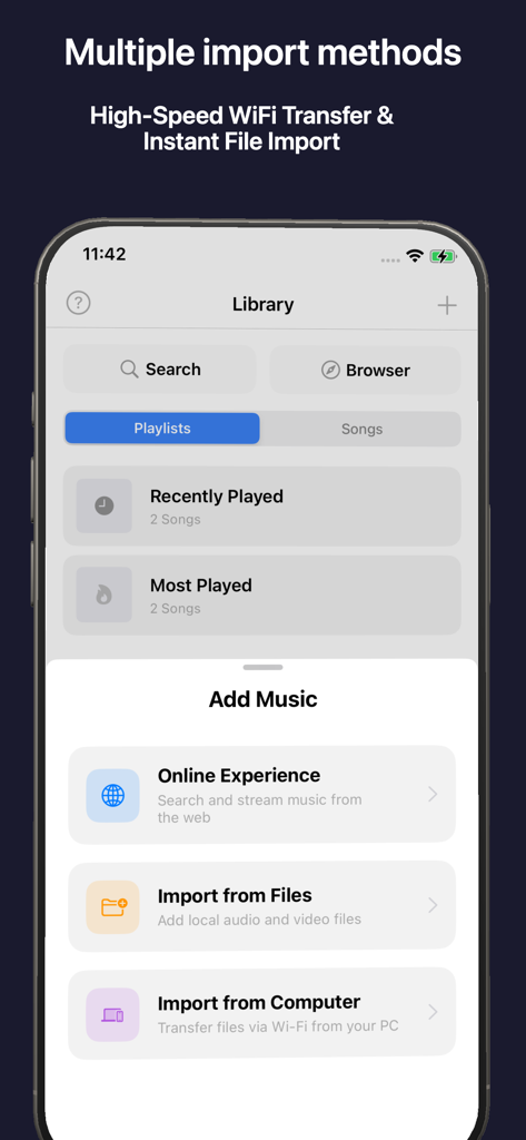 Music Player -Offline Playback - Screenshot of the Add Music menu showing options for WiFi transfer and importing files from the device or computer.