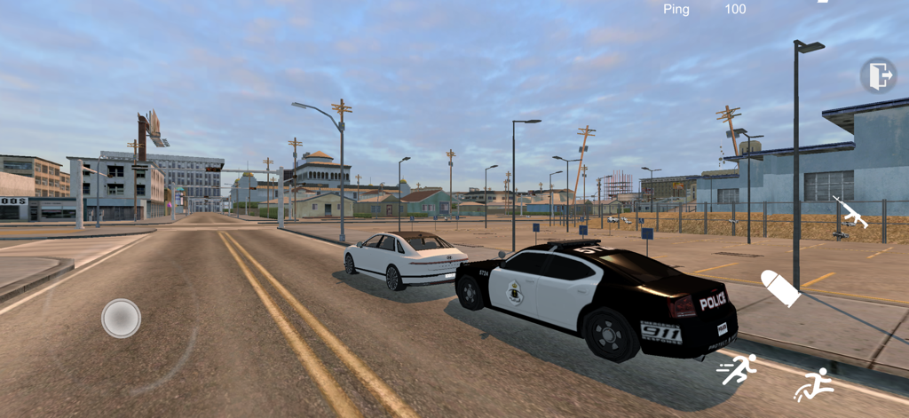نورث سيتي - هجوله و حوادث - In-game screenshot showing a police car and a white sedan on an open-world city street in the North City Hajwala mobile game