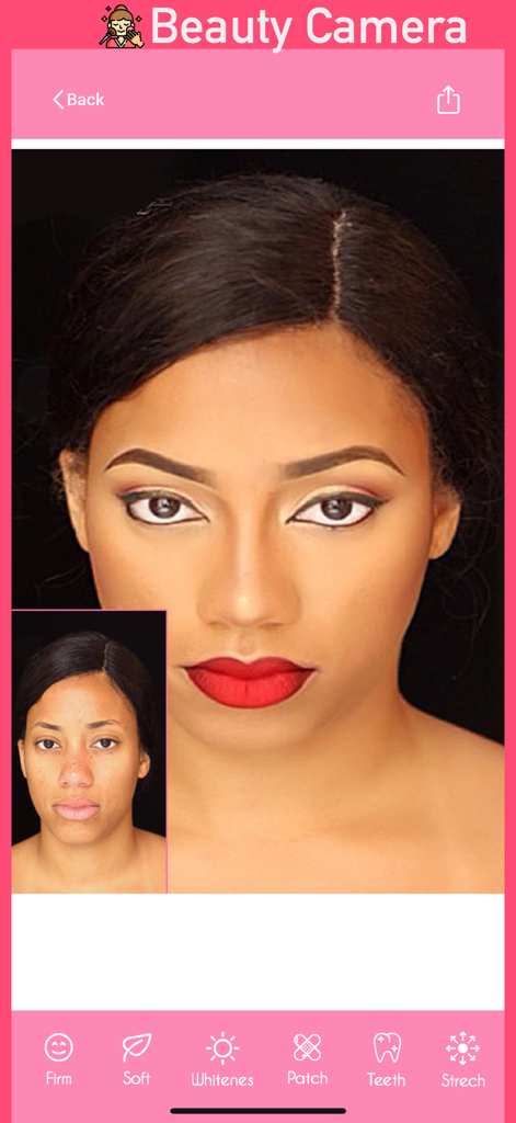 Beauty Camera: Perfect Ai Face - Before and after comparison of a woman using virtual makeup and face retouching tools in the Beauty Camera app.