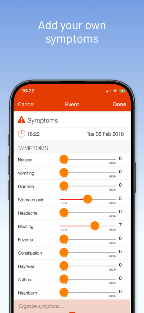 mySymptoms Food Diary - Interface for tracking and rating the intensity of various physical symptoms like bloating and stomach pain on a scale.
