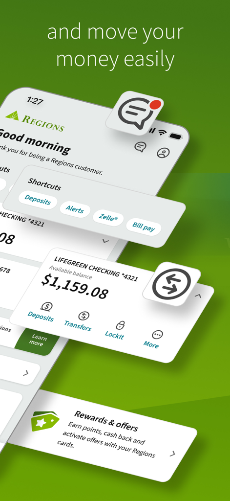 Oberfläche der Regions Mobile App mit Kontostand, Geldtransferoptionen und Verknüpfungen zum Banking.