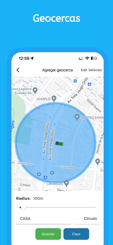EcuaGPS - Interface of the EcuaGPS app showing how to create a geofence around a home on a map