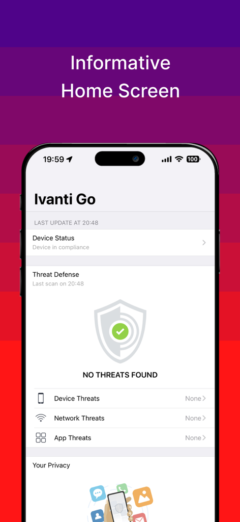 Ivanti Go - Ivanti Goアプリのホーム画面。デバイスのコンプライアンス状況と、脅威が検出されなかったことを示す脅威防御の概要が表示されています。