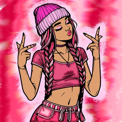 realistic teenage girl with braids and a beanie and crop top doing 🫶🏼