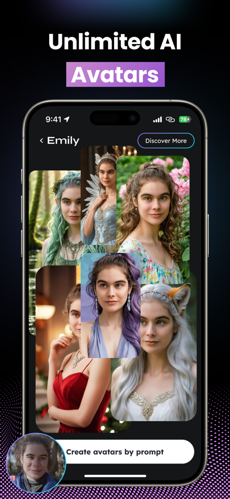 Vidu - AI Video Generator Tool - A mobile app interface showing multiple AI-generated avatars of a young woman in various styles including fantasy fairy and professional portraits