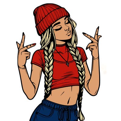 realistic teenage girl with braids and a beanie and crop top doing 🫶🏼