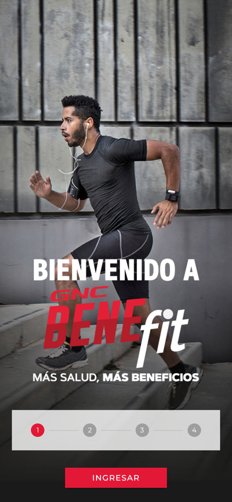 Welcome screen for GNC BENEfit loyalty program featuring a man running