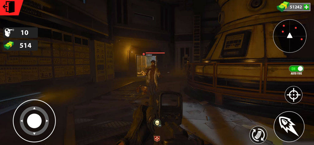 Survive: Zombie Shooting Games - First person shooter gameplay of a zombie encounter in a dark industrial environment