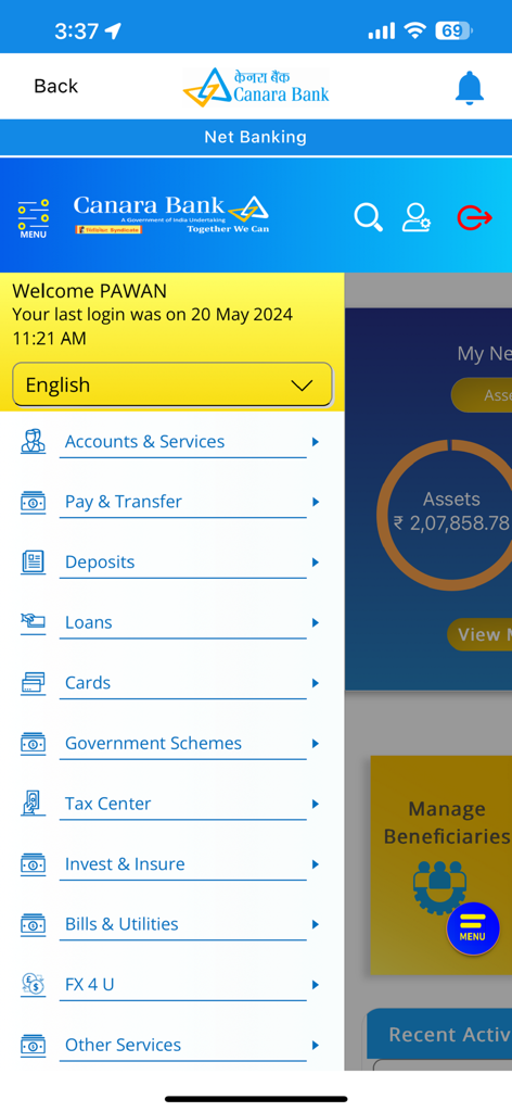 Canara CanDigital - Net banking menu interface of the Canara CanDigital app showing financial services and asset summary