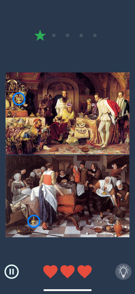 Find The Similarities game showing matching objects in classical paintings.