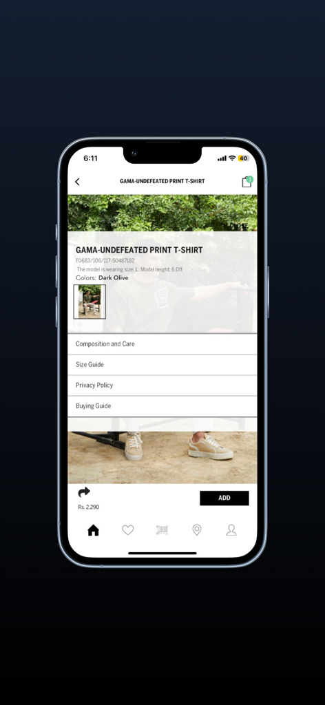 Product page of the Outfitters Pakistan app showing a men's printed t-shirt with pricing and size guide