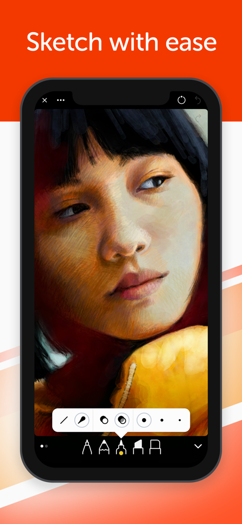 Linea Sketch - 미니멀한 드로잉 도구와 '수월하게 스케치하세요'라는 텍스트가 있는 Linea Sketch 모바일 앱 인터페이스의 여성 얼굴 디지털 페인팅