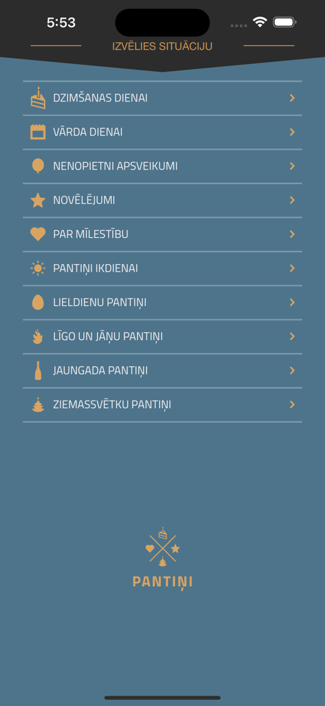 Menu screen of the Pantini app listing categories for Latvian verses and greetings