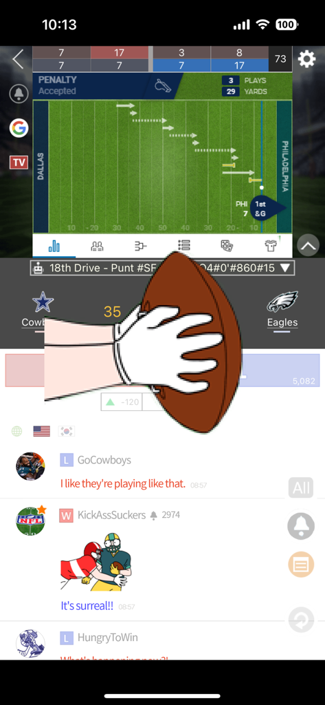 LIVE Score - the Fastest Score - Live sports app tracking an American football game between Cowboys and Eagles with a fan chat interface.