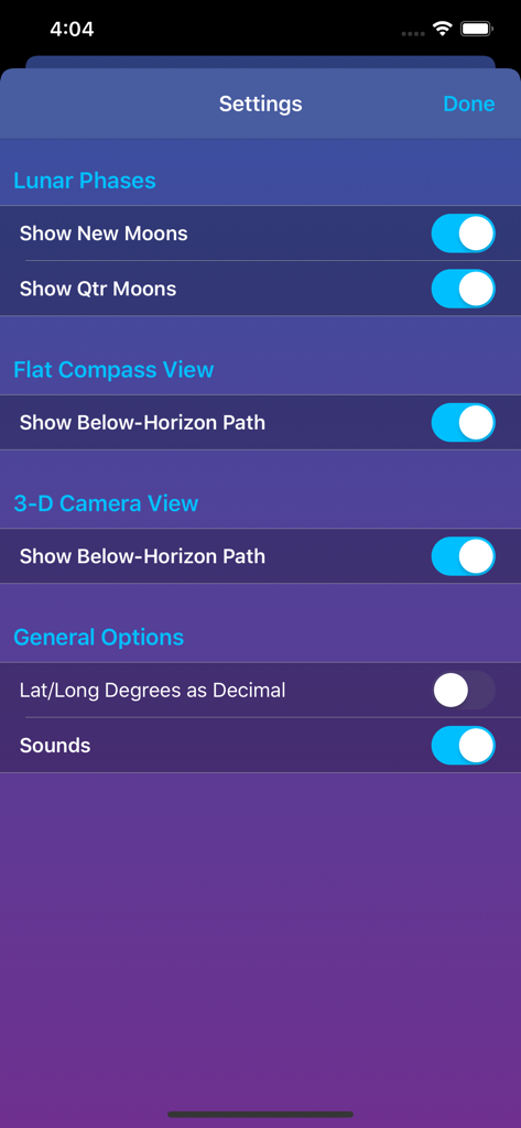 Moon Seeker app settings screen with toggles for lunar phases and 3D camera path