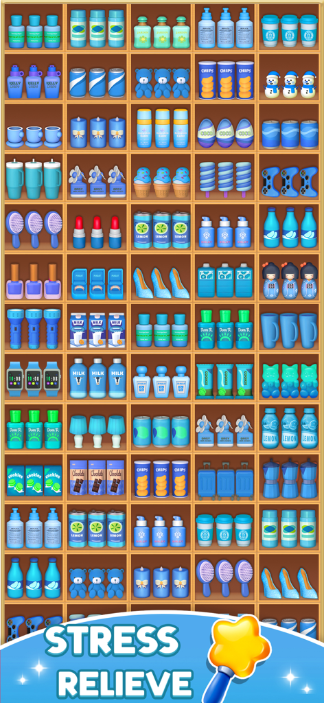 Goods Sorting Triple Match 3D - Shelves filled with neatly organized 3D household items like snacks and drinks in the Goods Sorting Triple Match 3D mobile game