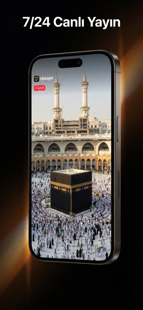 Hidayet: İslami Asistanınız - Hidayet Islamic app featuring 24/7 live stream of the Kaaba