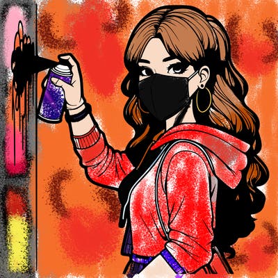 realistic girl with mask spray painting a wall