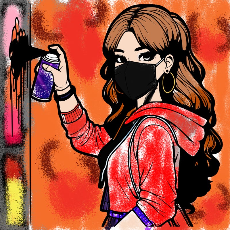realistic girl with mask spray painting a wall