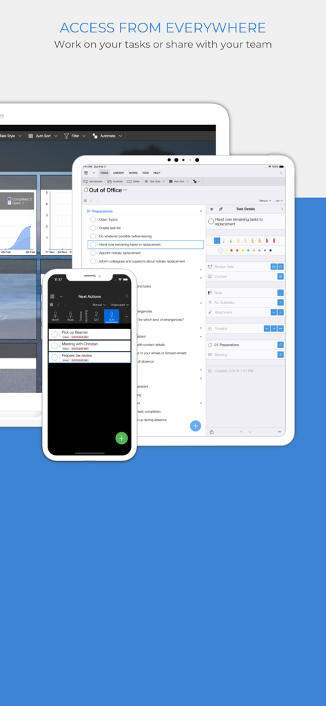 クロスプラットフォームタスク管理のために、iPhone、iPad、デスクトップデバイスに表示されたOrganize Me To-Doアプリのインターフェース。