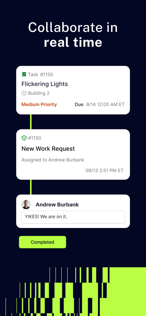 Limble - Una interfaz móvil que muestra la colaboración en tiempo real en una solicitud de trabajo de mantenimiento para luces parpadeantes, incluyendo una respuesta del técnico y el estado de la tarea.