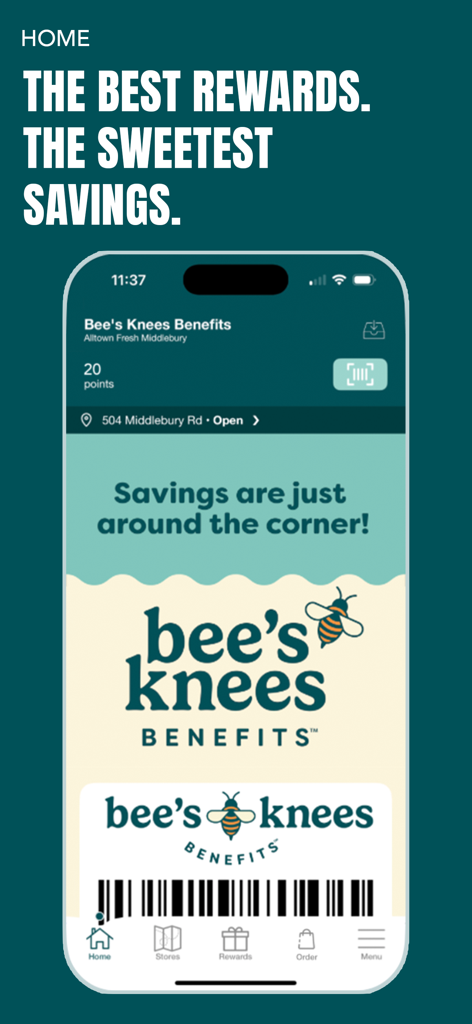 Bee's Knees Benefits - Pantalla de inicio de la aplicación Bees Knees Benefits mostrando puntos de recompensa de fidelidad y un código de barras digital para ahorrar en la tienda