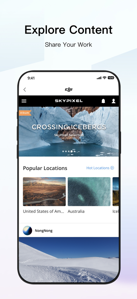 DJI Store – Try Virtual Flight - SkyPixelコミュニティと人気のドローン撮影場所を表示するDJIストアアプリのインターフェース。