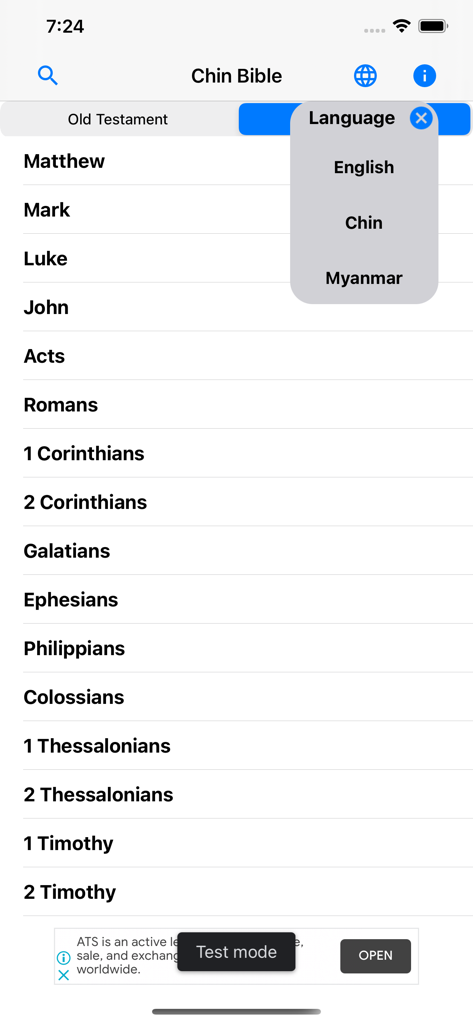 Screen of the Chin Bible app showing the New Testament book list and a language menu with English, Chin, and Myanmar options.