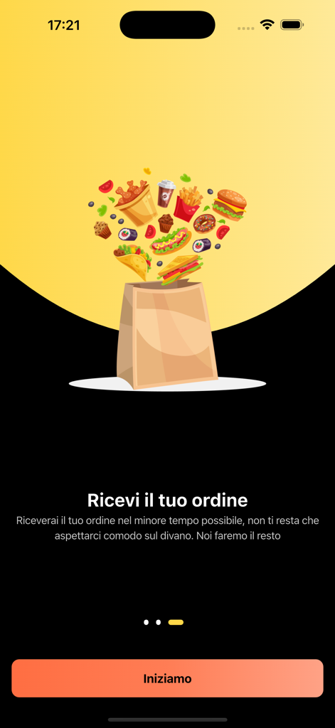 Flash Manager app onboarding screen showing a food delivery bag with floating icons of burgers, fries, and tacos