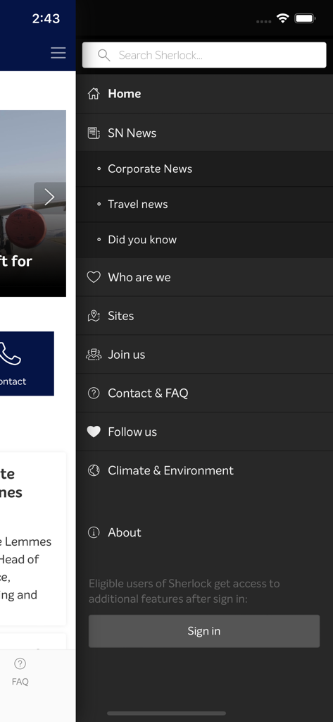 Sherlock by Brussels Airlines - Navigation sidebar of the Sherlock by Brussels Airlines app featuring sections for corporate news career opportunities and airline information