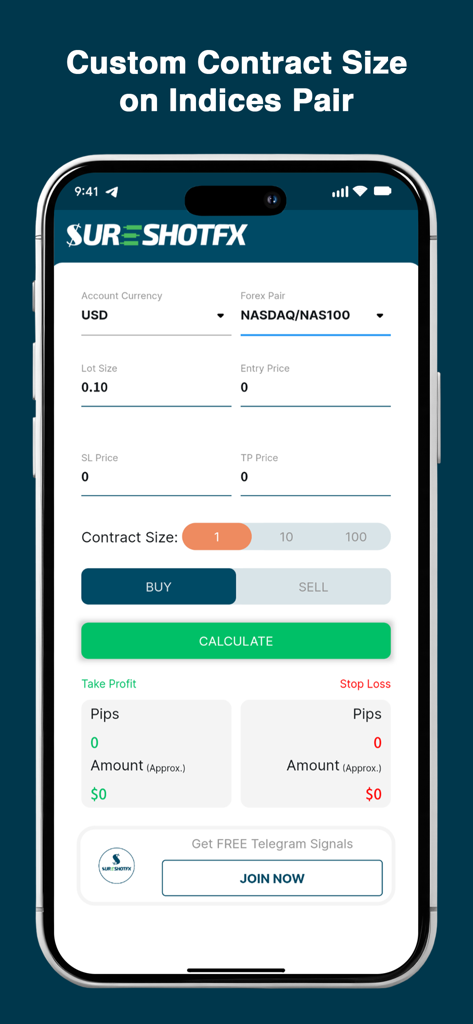 SureShotFX - Pip Calculator - SureShotFX app screen showing NASDAQ indices calculator with custom contract size options
