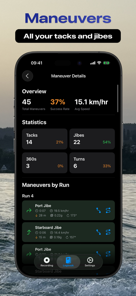FoilMotion app screen showing detailed maneuver statistics including success rates for tacks and jibes with speed and g-force data.