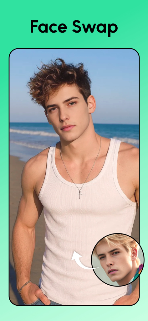 Remove Objects: Pic Retouch AI - AI face swap feature demonstration showing a man's face replaced on a beach photo.