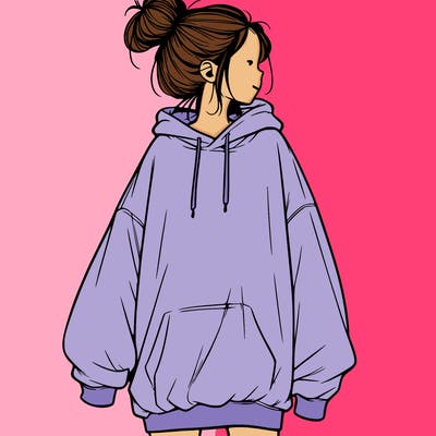 realistic girl with a oversized sweatshirt on and a bun