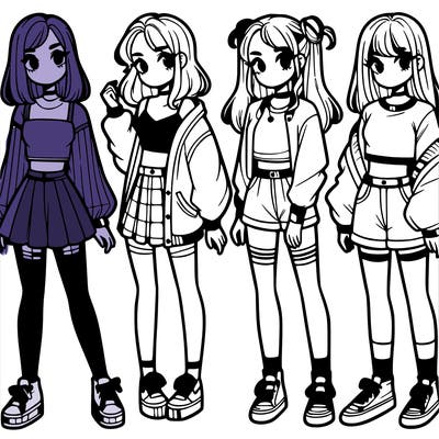 one girl with crop-top shirt and a jacket with a skirt, long socks and another girl with a shirt and pants with a jacket