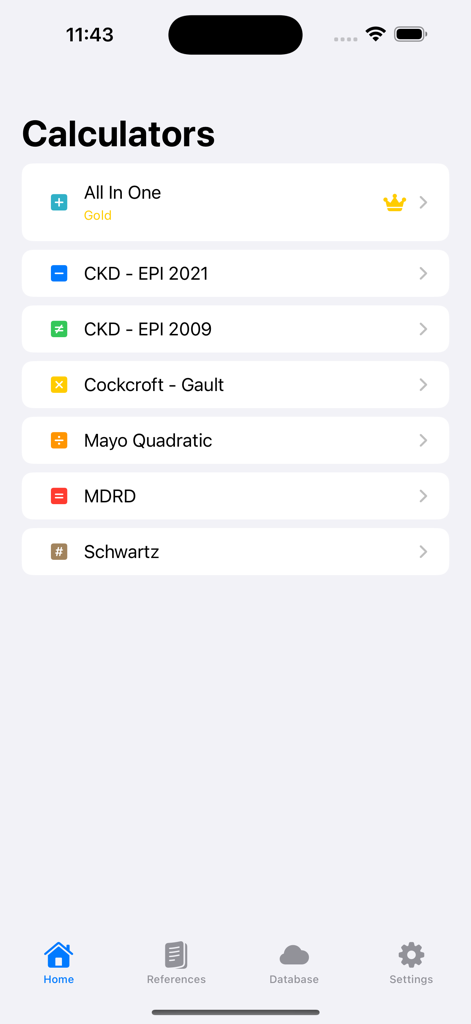eGFR Calculator Pro - A list of medical calculators for kidney function including CKD-EPI and MDRD formulas