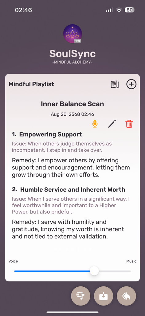 SoulSync - SoulSync app showing a mindful playlist with affirmations for inner balance and emotional growth.