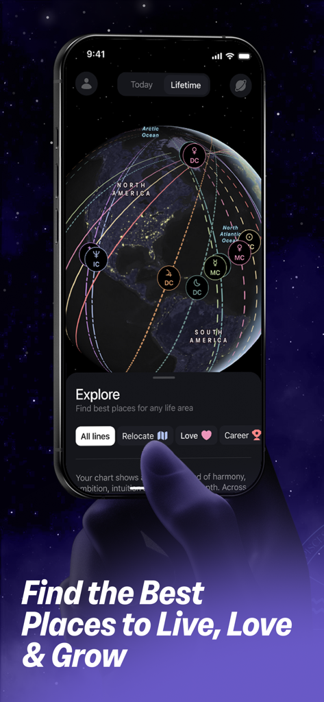 A smartphone showing a world map with astrological lines and relocation options for finding optimal places to live.