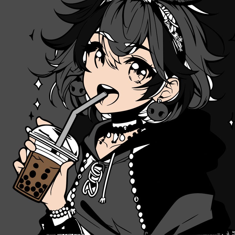 hot baddie anime girl drinking boba and biting the straw