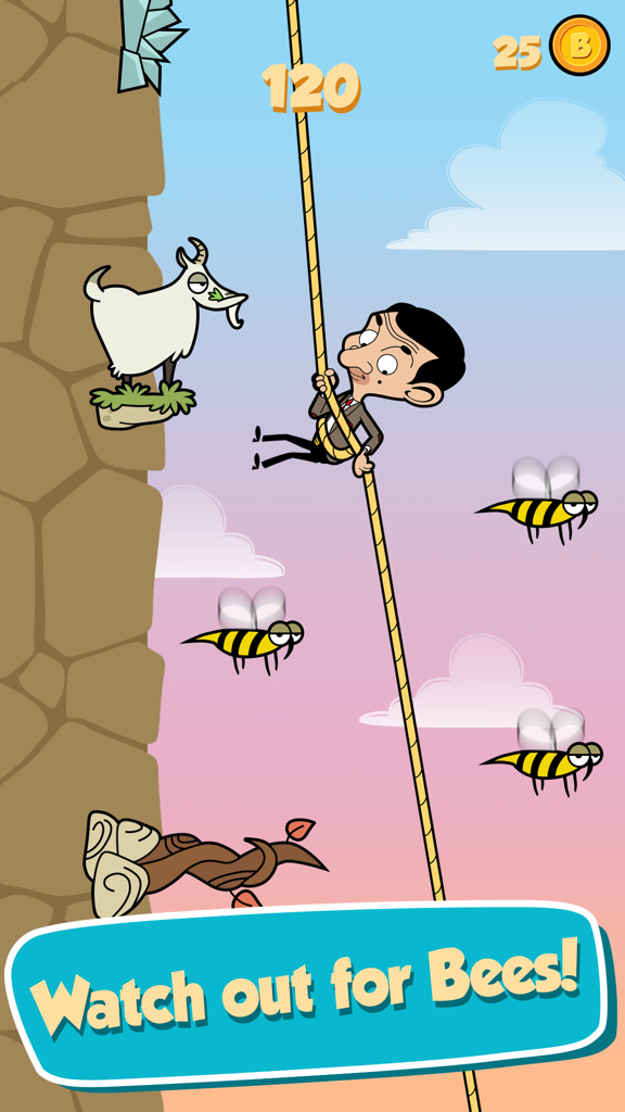 Mr Bean - Risky Ropes - Mr Bean seilt sich an einem Seil ab und weicht dabei Zeichentrickbienen aus
