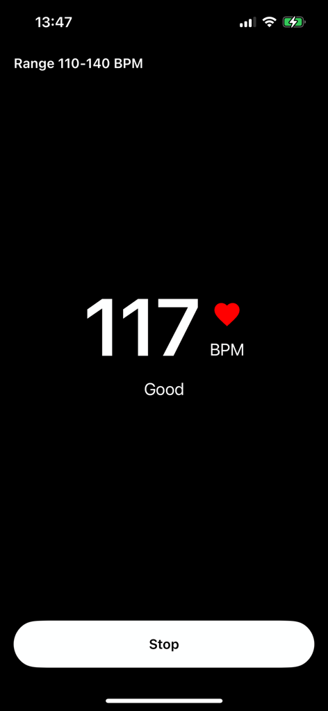 Heart Alert - Interfaccia dell'app Heart Alert che visualizza una frequenza cardiaca di 117 BPM all'interno di un range personalizzato