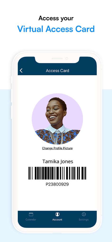 Amilia - Smartphone screen showing the Amilia app virtual access card with a user profile and barcode for community center entry